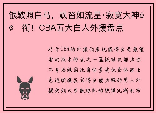 银鞍照白马，飒沓如流星·寂寞大神领衔！CBA五大白人外援盘点