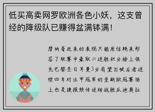低买高卖网罗欧洲各色小妖，这支曾经的降级队已赚得盆满钵满！